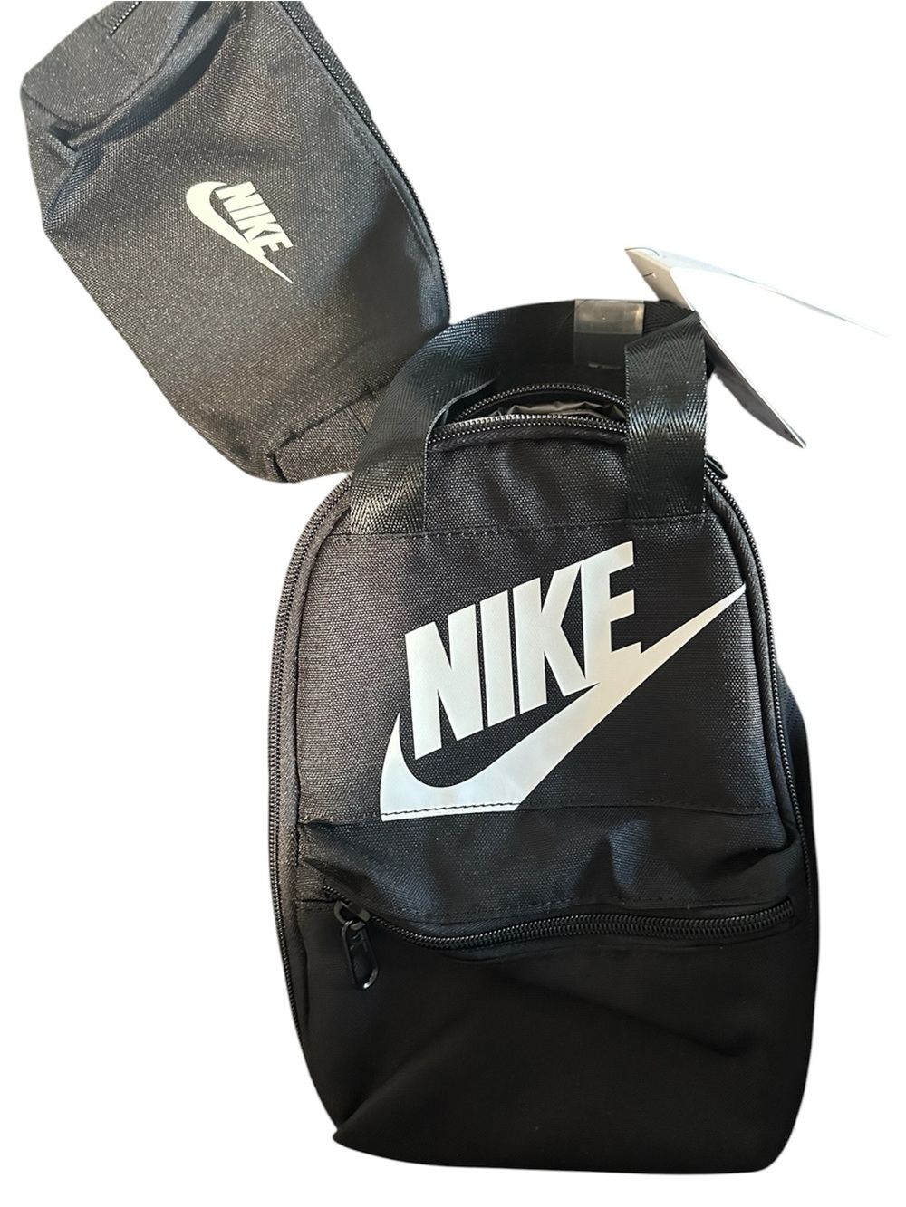 Nike Black Insulated lunch Bag with detachable pencil pouch. White Swoosh Logo.